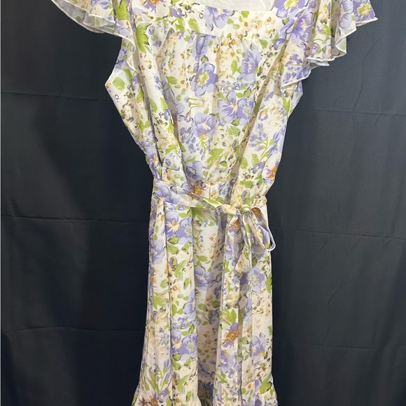 Allegra K - Floral Chiffon Flutter Sleeve Belted Square Neck Ruffled Hem Dress - Picture 6 of 10